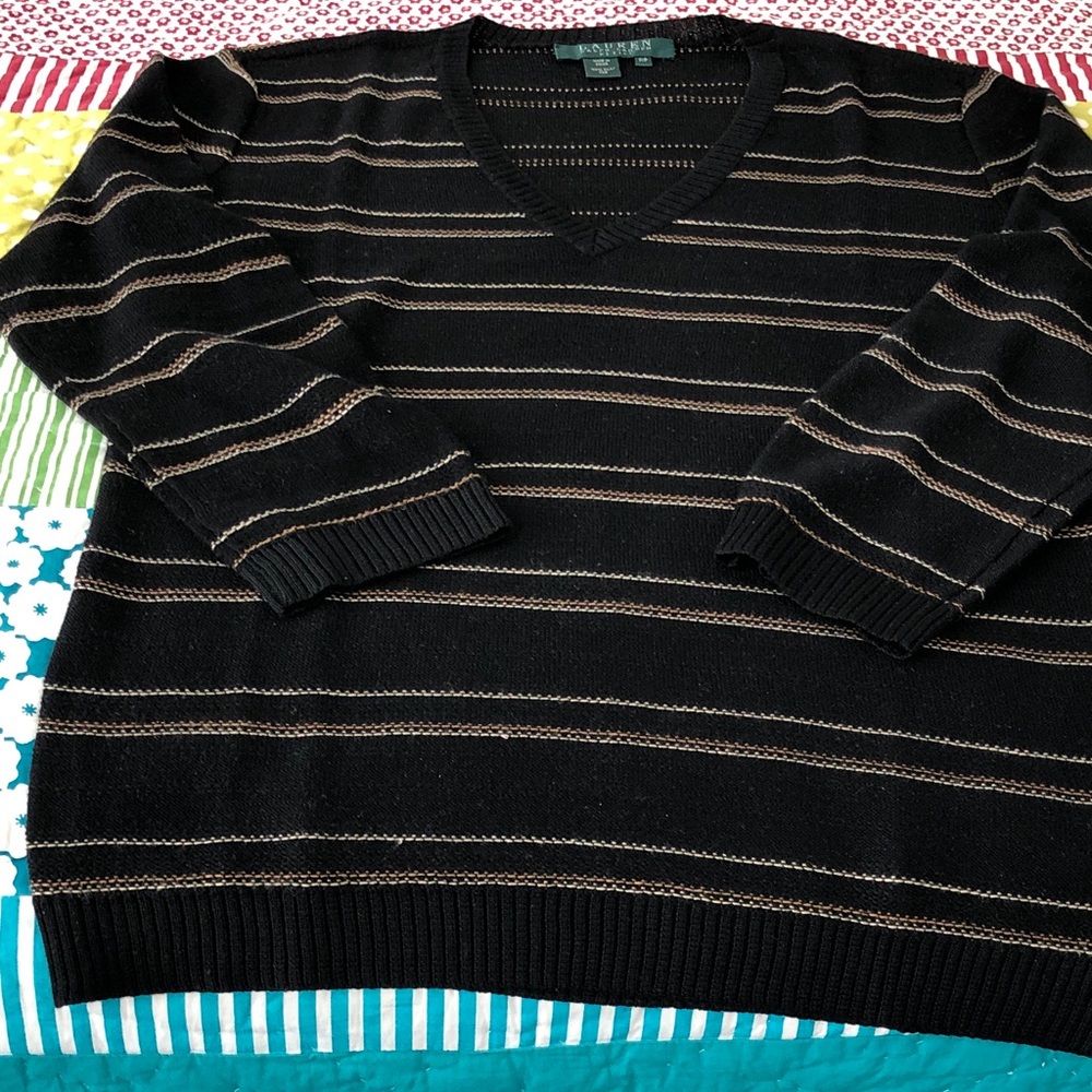 Lauren Ralph Lauren black with striped design 3/4 sleeve v-neck 100% silk top